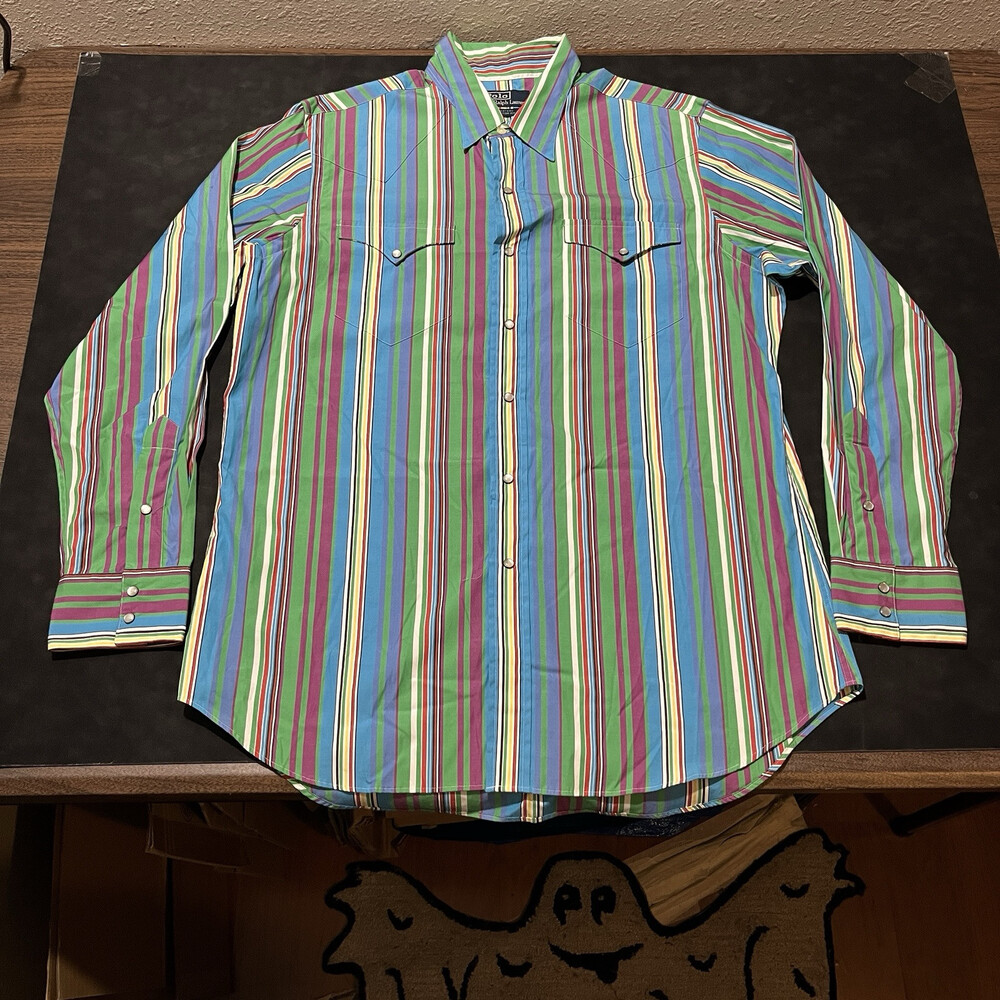 Vintage Polo Country Western Pearl Snap Shirt Ralph Lauren Serape Rainbow Navajo